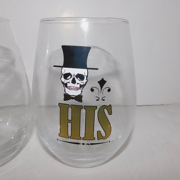 Set 2 Stemless Wine Glasses Tumblers His Her Skeleton Theme - Picture 2 of 4